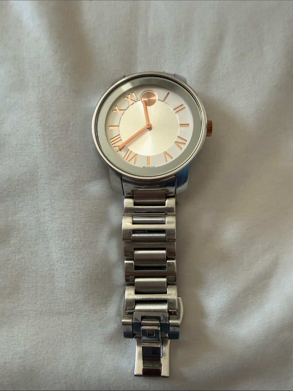 Movado Bold Silver Watch with Gold Crown
